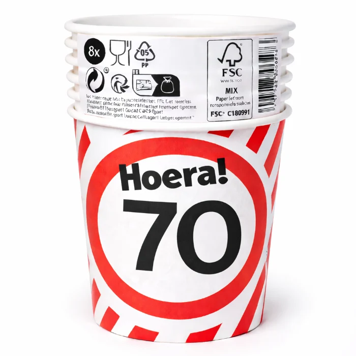 Papieren bekers 70 jaar verkeersbord 250ml 8St