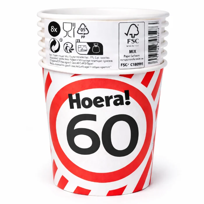 Papieren bekers 60 jaar verkeersbord 250ml 8St