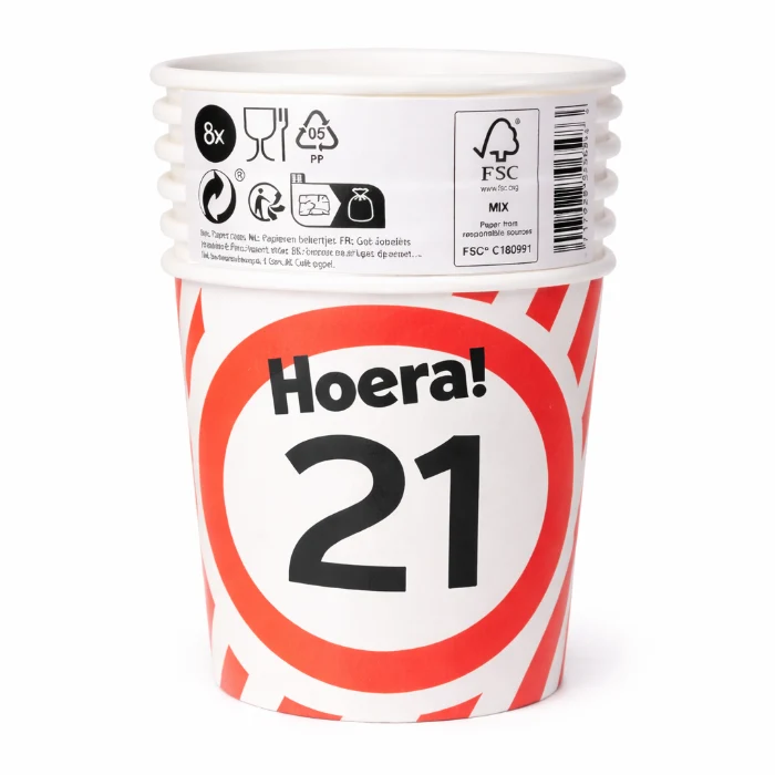 Papieren bekers 21 jaar verkeersbord 250ml 8St