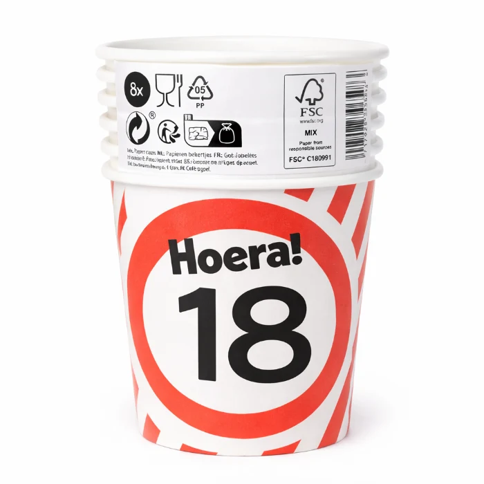 Papieren bekers 18 jaar verkeersbord 250ml 8St