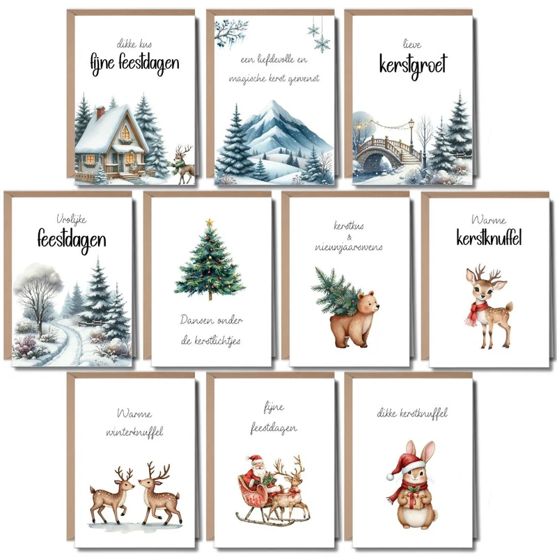 Luxe Kerstkaarten Set 10 stuks met Enveloppen - Dieren