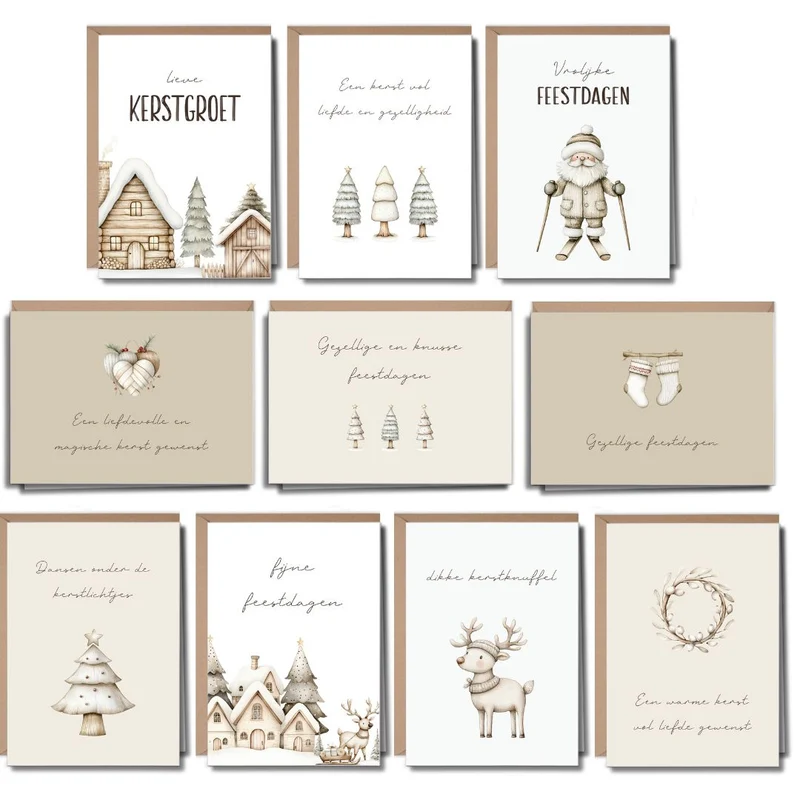 Luxe Kerstkaarten Set 10 stuks met Enveloppen - Beige