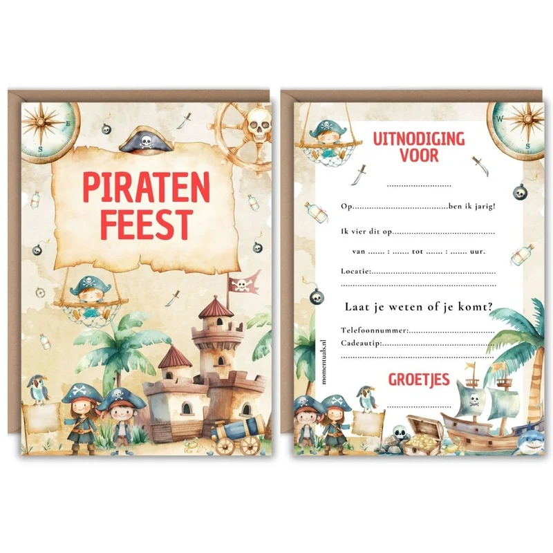 Uitnodiging Kinderfeestje Piratenfeest - 10 stuks