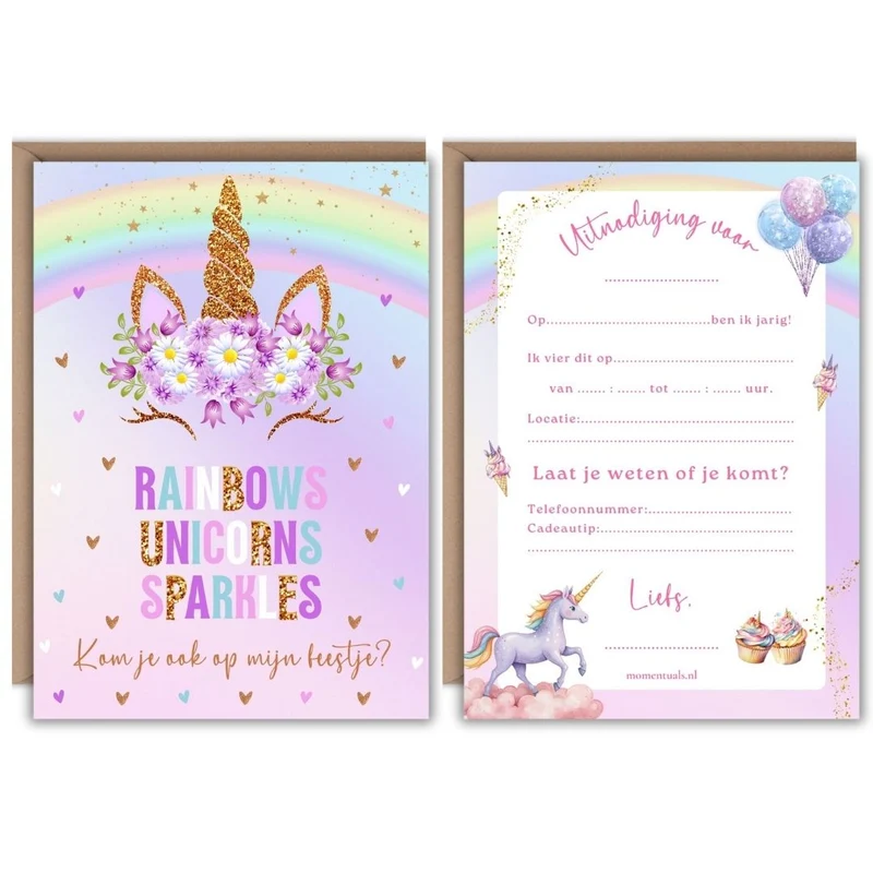 Uitnodiging Kinderfeestje Unicorn Goud - 10 stuks