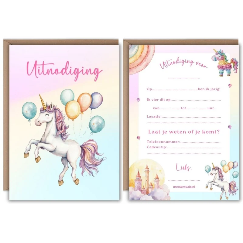 Uitnodiging Kinderfeestje Unicorn Ballon - 10 stuks