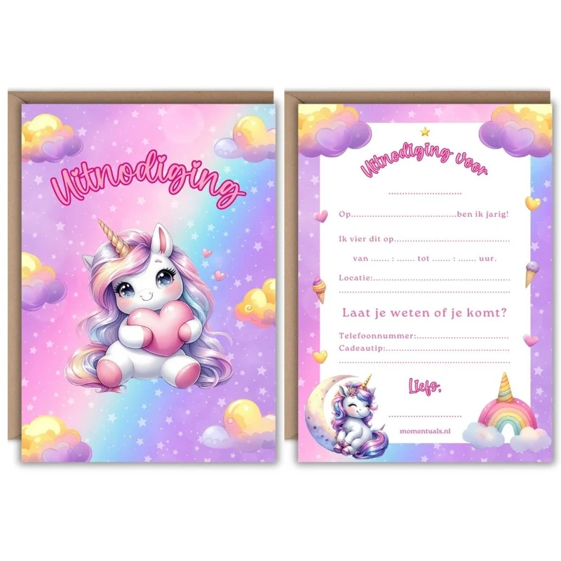 Uitnodiging Kinderfeestje Unicorn Hartje - 10 stuks