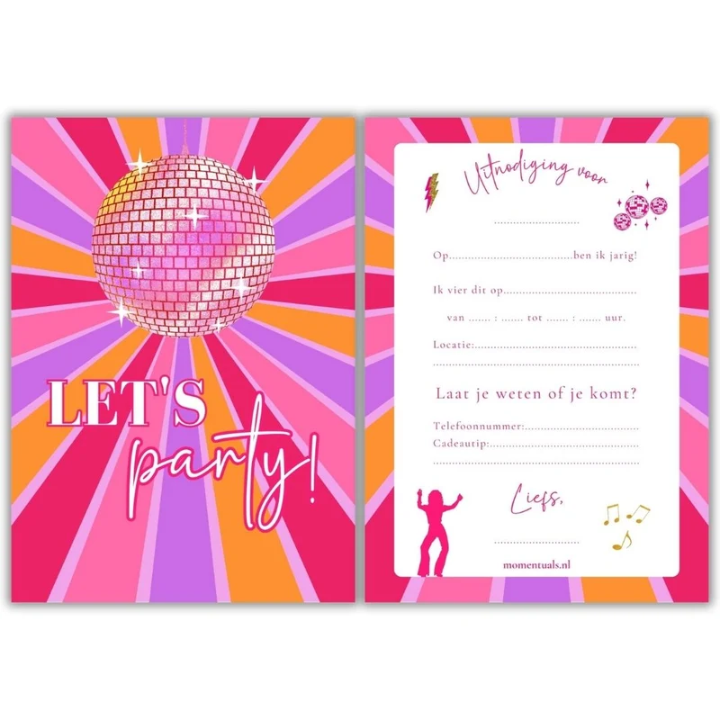 Uitnodiging Kinderfeestje Disco Roze - 10 stuks