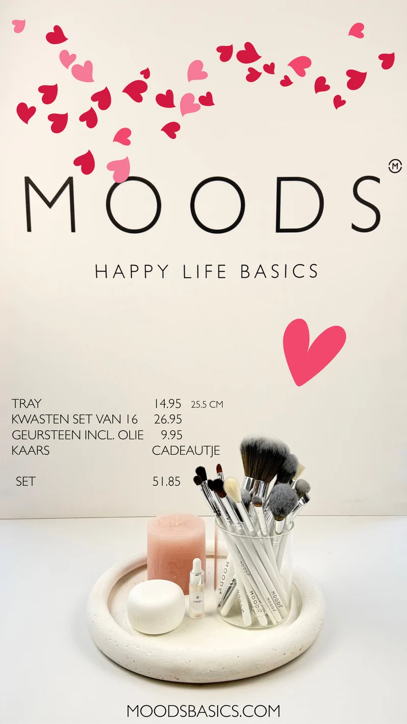 Moods tray met kwasten set van 16, geursteen incl.olie en roze kaars