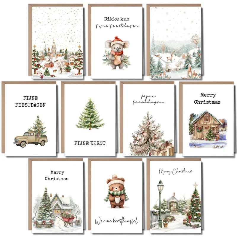 Luxe Kerstkaarten Set 10 stuks met Enveloppen - Bomen