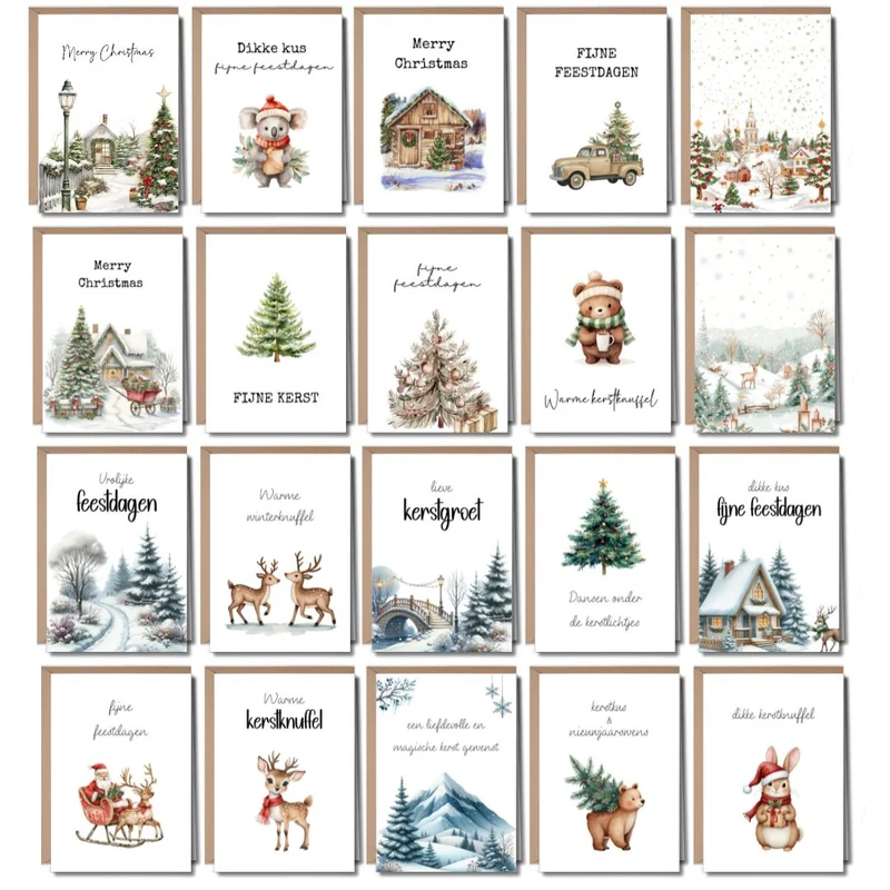 Luxe Kerstkaarten Set 20 stuks met Enveloppen - Nostalgisch