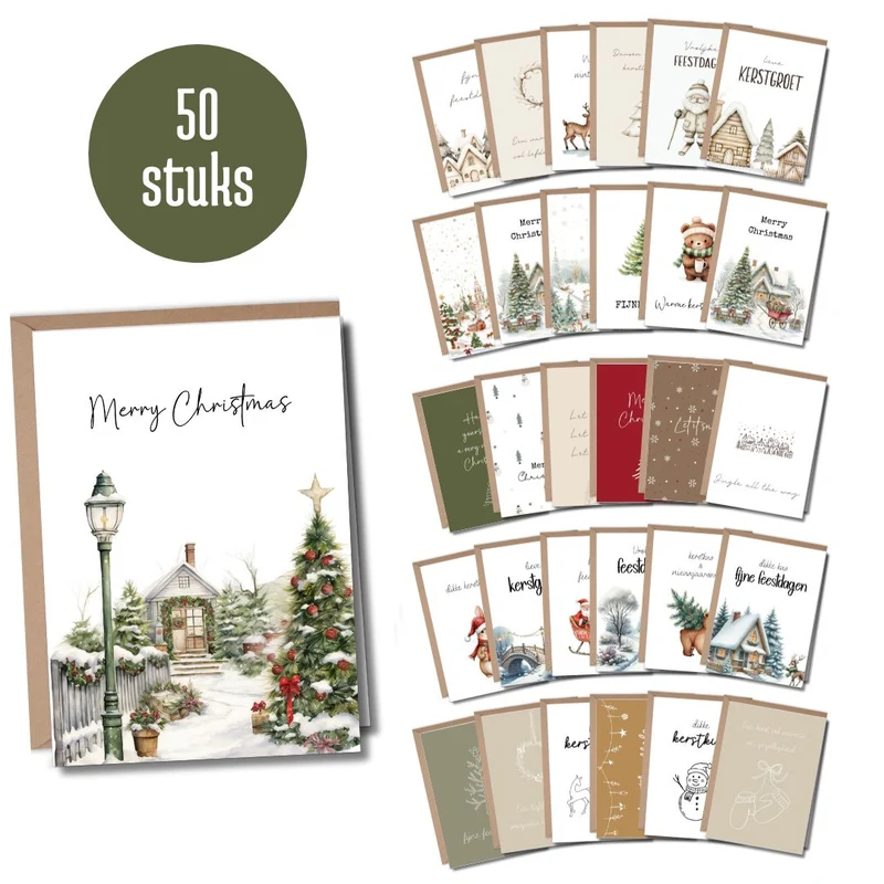 Luxe Kerstkaarten Set 50 stuks met Enveloppen