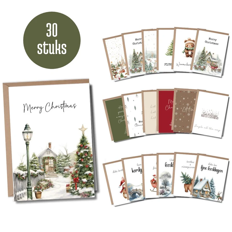 Luxe Kerstkaarten Set 30 stuks met Enveloppen - Dieren