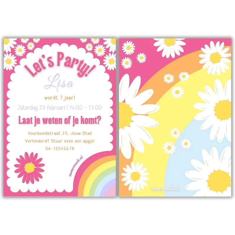 Uitnodiging Kinderfeestje Regenboog Bloemen | Printable