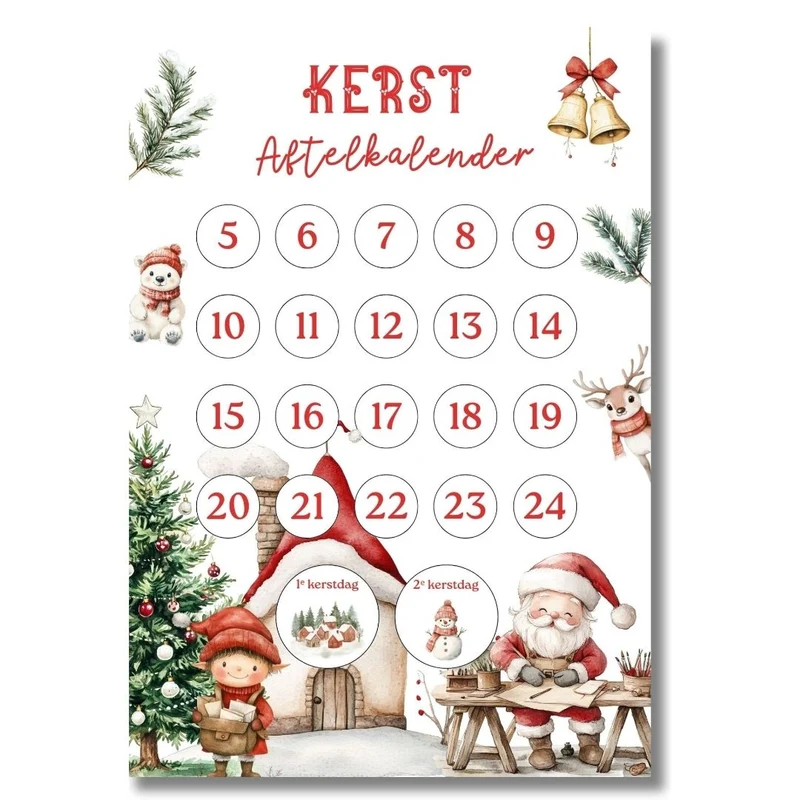 Aftelkalender Kerst met dieren – Printable