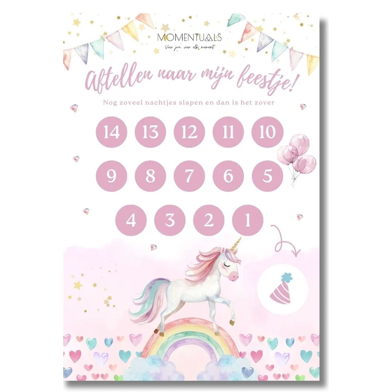 Aftelkalender Verjaardag - Unicorn - Printable