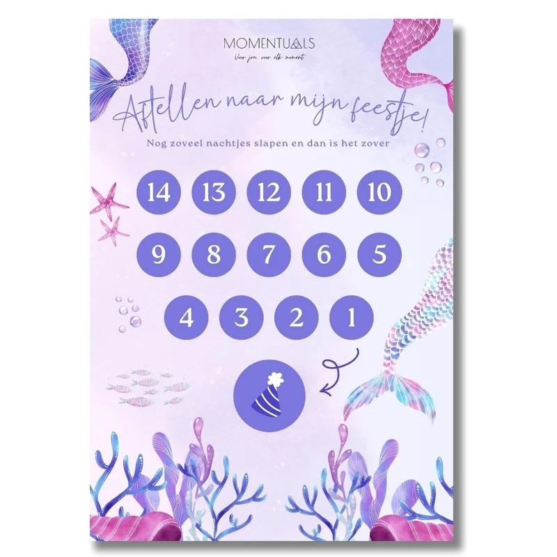 Aftelkalender Verjaardag - Zeemeermin - Printable