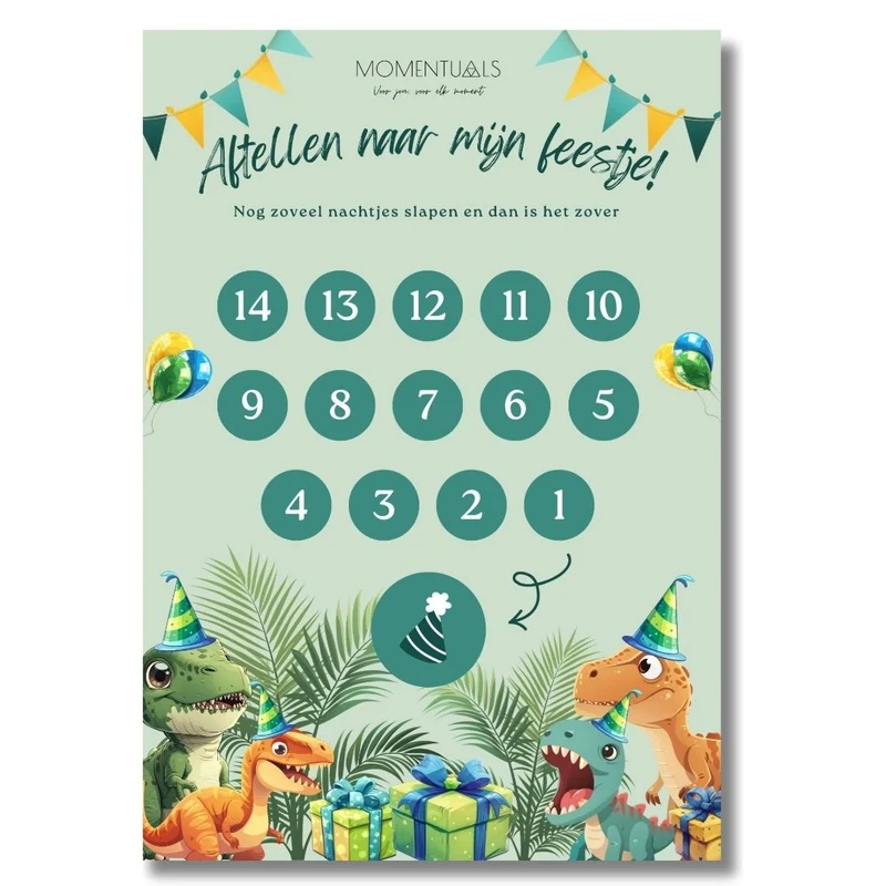Aftelkalender Verjaardag - Dino Groen - Printable