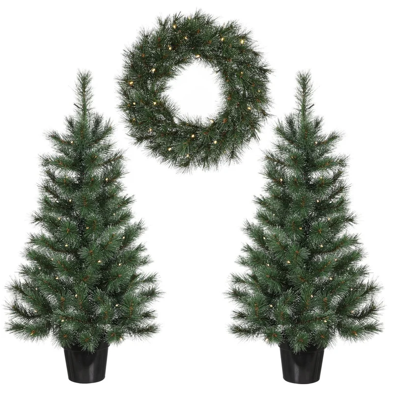 Glendon Set van 2 Kerstbomen en 1 Krans met LED Verlichting - Groen