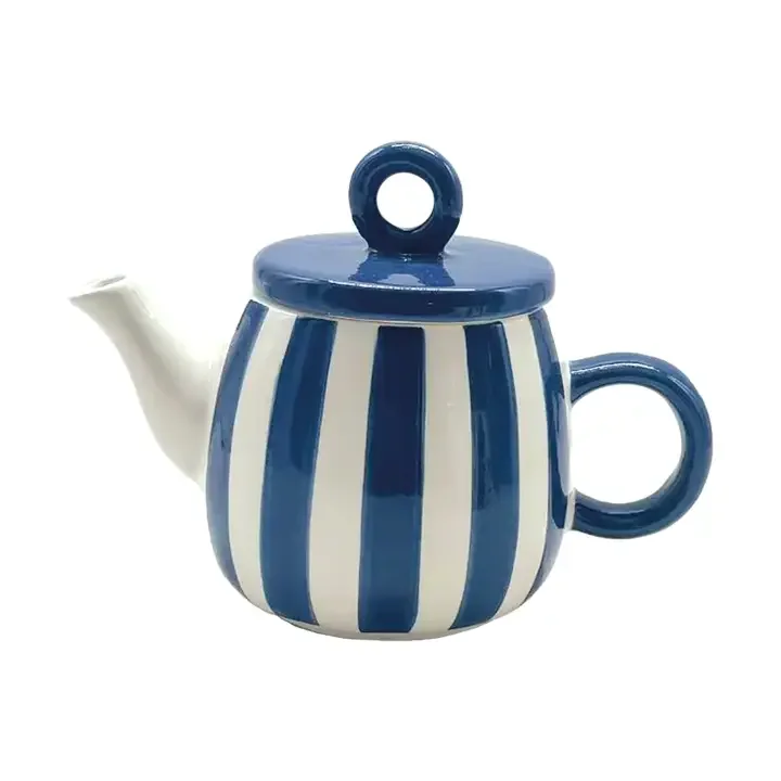 Theepot - Keramiek Blauw Wit gestreept