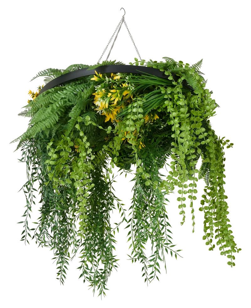 Kunst hangplant varen UV 60 cm in ring zwart