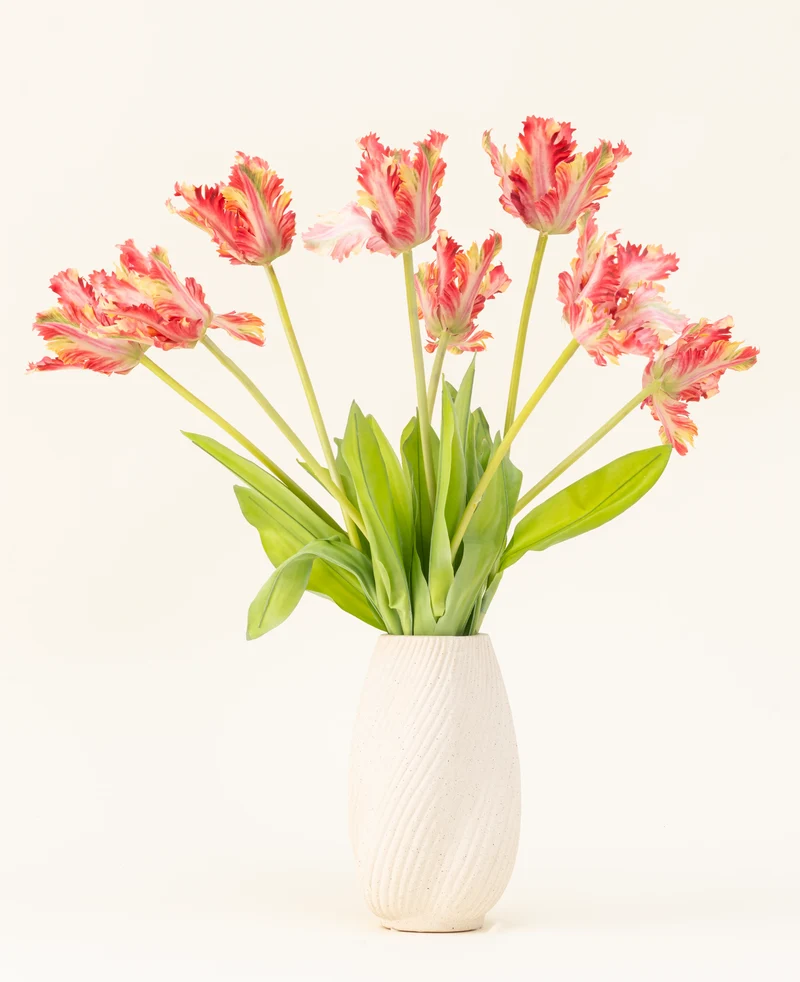 Zijden kunstbloemen boeket Franse Parkiet Tulp rood/geel