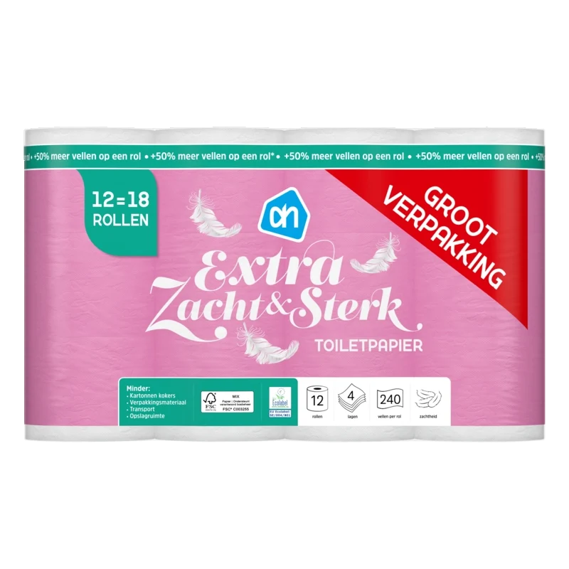 Toiletpapier zacht 4-laags 12=18 rollen