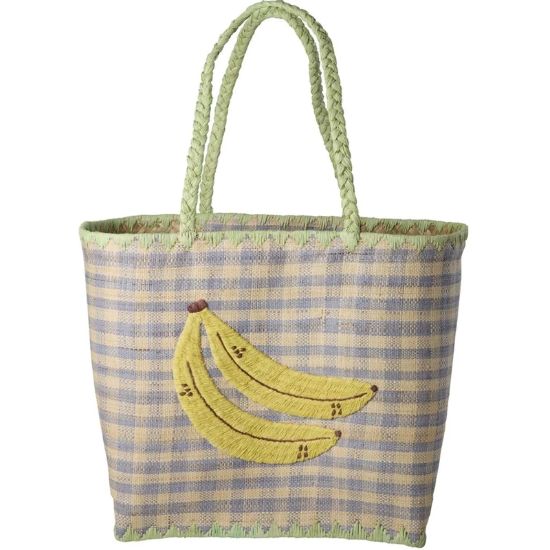 Raffia Tas – Blauw met Bananen - Groot