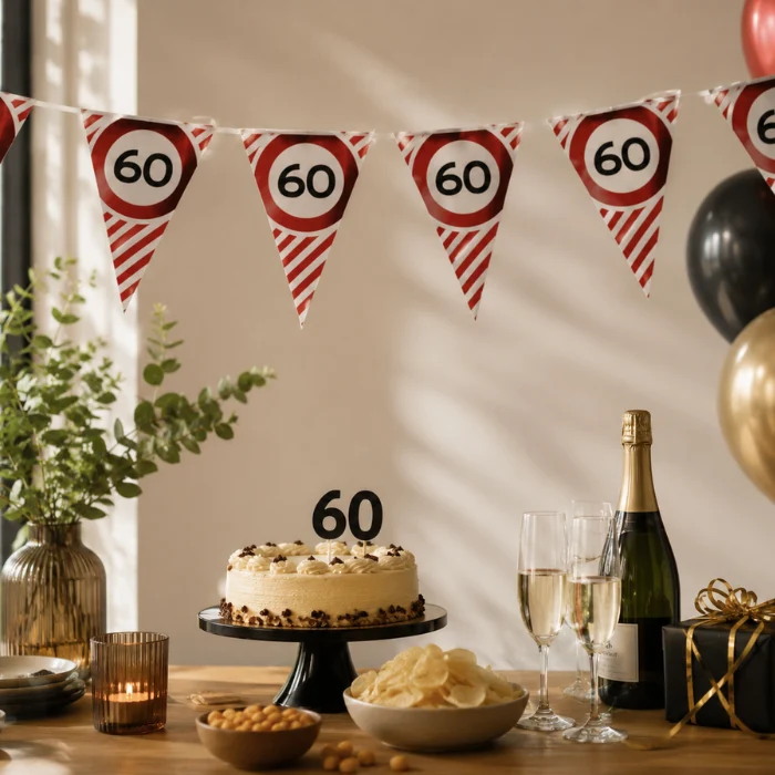 Vlaggenlijn 60 jaar rood/wit - 3m (10 vlaggen)