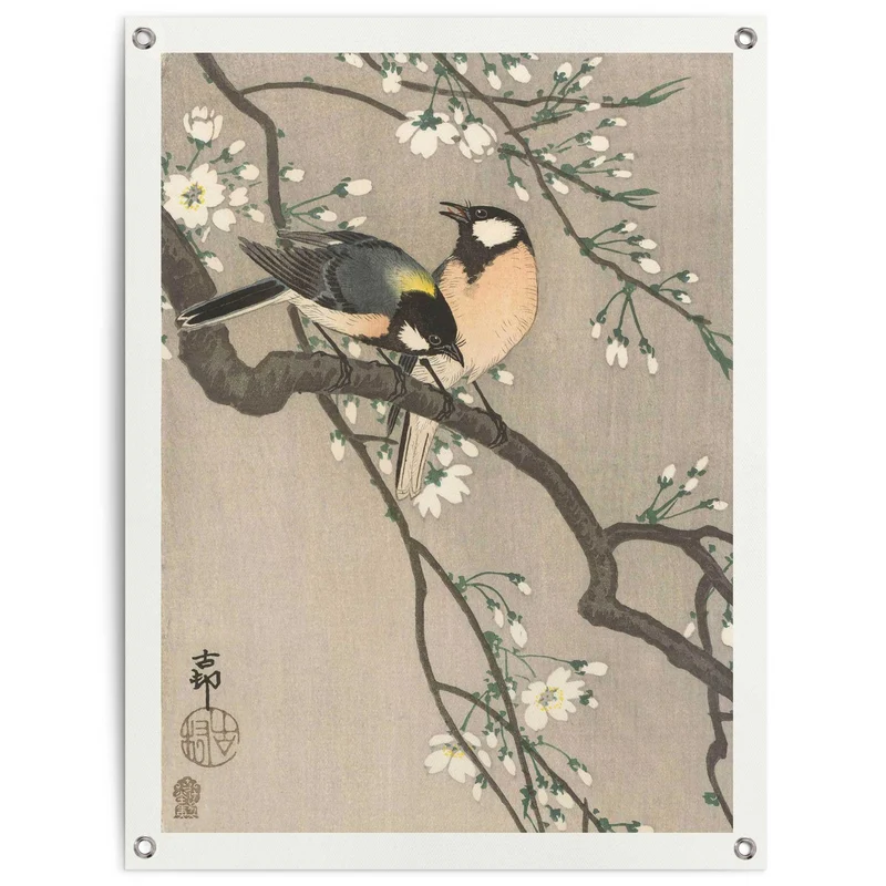 Reinders tuinposter Ohara Koson - Koolmezen op bloesemtak - 80x60cm