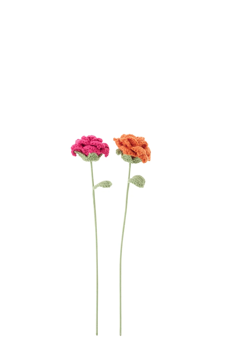 J-Line kunstbloem Roos Gehaakt - polyester - donkerroze/oranje - set van 2