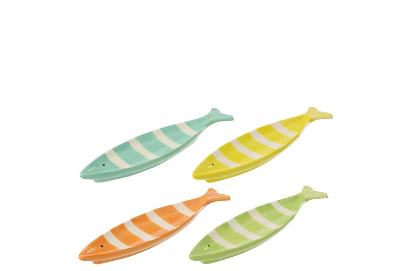 J-Line schaal Vis Gestreept Dolomiet - porselein - mix - large - set van 4